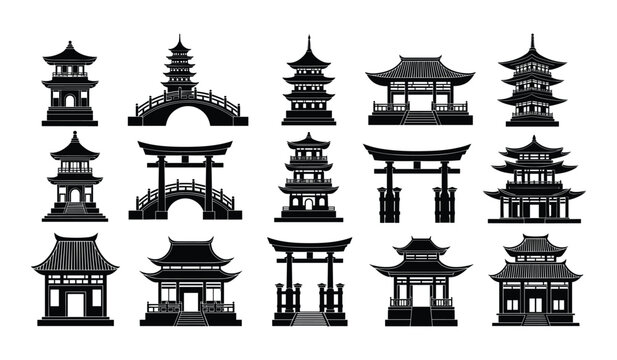 Collection of Japanese Architectural Silhouettes Including Pagodas Torii Gates and Bridges architecture
