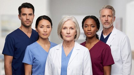 Fototapeta premium Diverse group of medical professionals standing together in a hospital setting, looking directly at the camera with serious expressions.