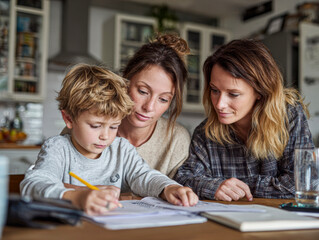 Fototapeta premium Two Moms Assisting Child with Homework