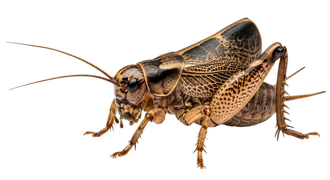 Brown house cricket insect with detailed exoskeleton and antennae, side view, isolated on white