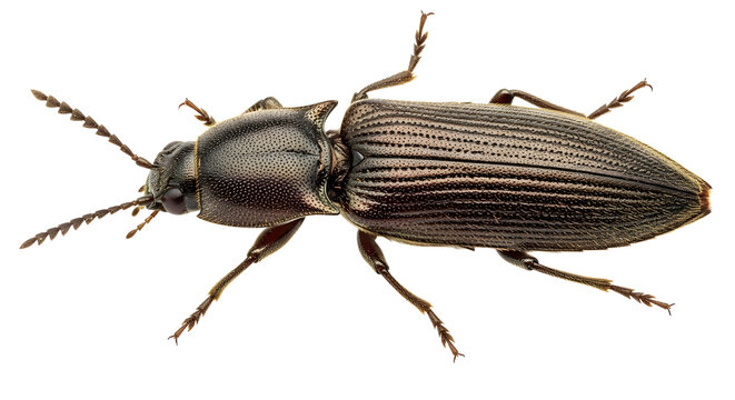 Dark brown click beetle insect, Elateridae family, with ribbed elytra and antennae, isolated on white