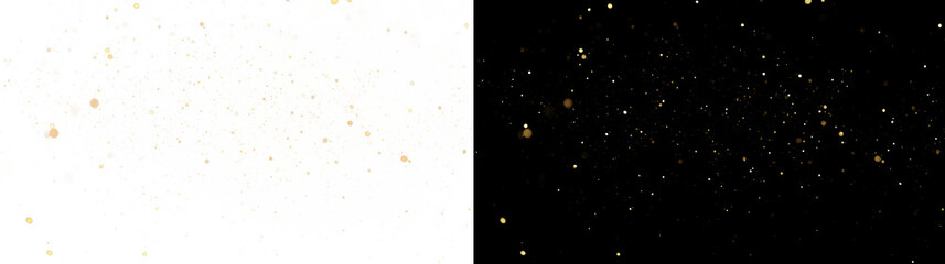 Gold Glitter Dust Explosion. Golden glitter dust cloud with shimmering bokeh particles and sparkles, abstract overlay on black background. © SERHII