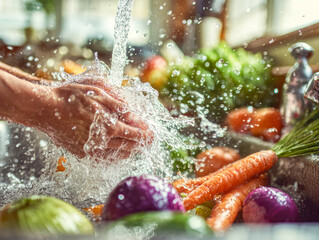 Refreshing Vegetables Being Washed in Sink