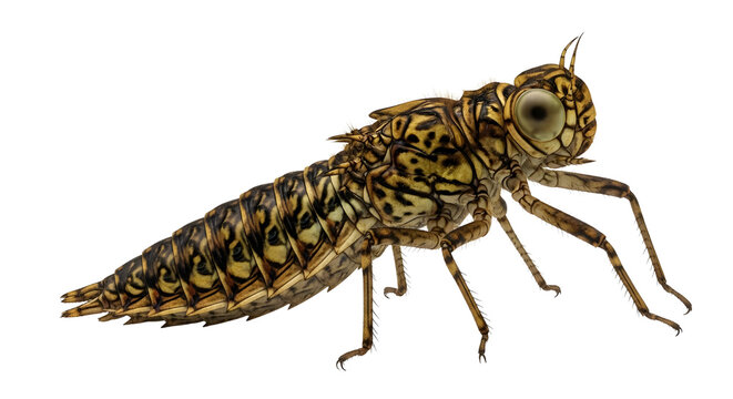 Dragonfly nymph isolated on white background, aquatic insect larva with detailed exoskeleton, macro view of dragonfly naiad for biology and nature study