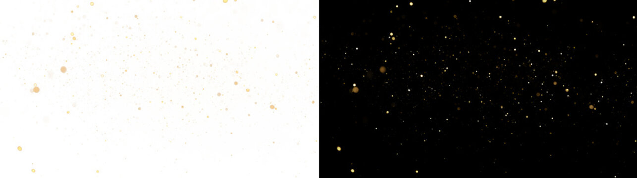 Gold Glitter Dust Explosion. Golden glitter dust cloud with shimmering bokeh particles and sparkles, abstract overlay on black background.