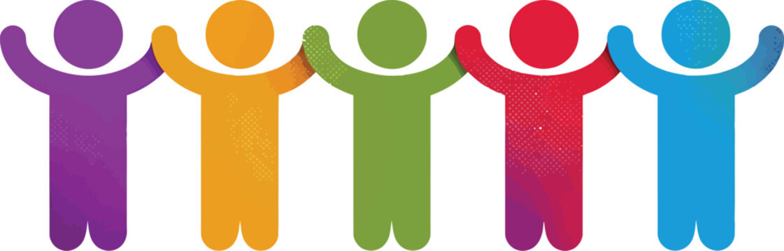 Row of colorful stylized people icons holding hands in unity representing diversity and teamwork