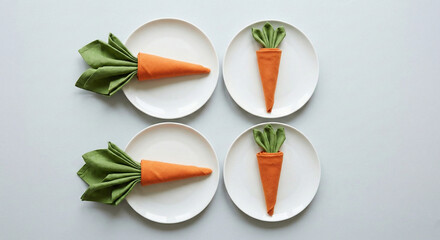 Creative carrot-folded napkins on white plates for an Easter table.