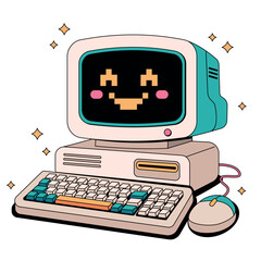 Happy Retro Computer with Pixel Smile