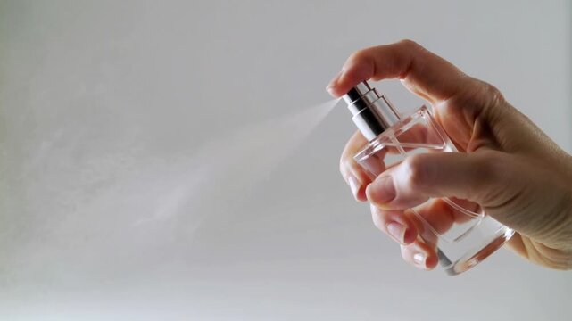 Hand spraying perfume fragrance mist on air clear bottle with silver cap