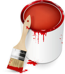 Bright Red Paint Can with Brush and Spills on white background