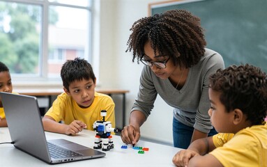 Obraz na płótnie Canvas Teacher guides students building robot in classroom, using laptop for programming or design.