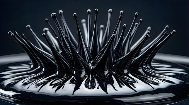 Black ferrofluid liquid forming sharp magnetic spikes
​Abstract macro of magnetic liquid ink in motion