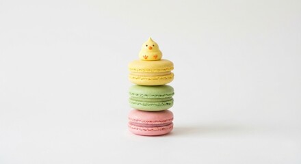 Adorable yellow chick atop pastel macarons stacked on a white background.