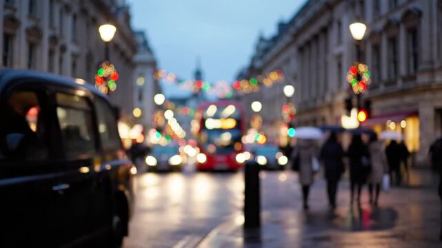 Blurred city street scene at dusk with taxis, lights, rain, pedestrians, and bokeh effects