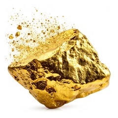 Gold nugget with exploding particles on white background, isolated mineral fragment for luxury jewelry or mining industry concepts