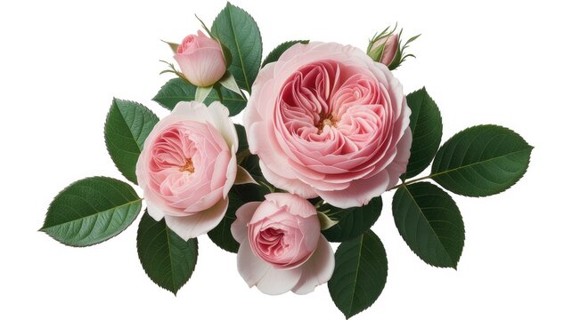 Delicate pink roses with lush green leaves showcase the beauty of nature in a soft romantic floral arrangement