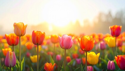 Fototapeta premium Sunlit field of colorful tulips in bloom against a bright, hazy, morning sky