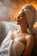 Fototapeta premium Woman with towel and head wrap relaxes in bath with steam and marble surface in background