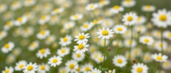 White daisy flowers blooming in spring meadow with soft sunlight natural floral background
