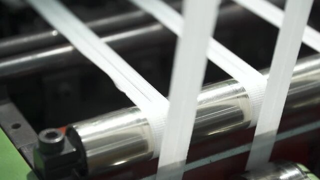 close-up shot of white tape being produced on a textile machine