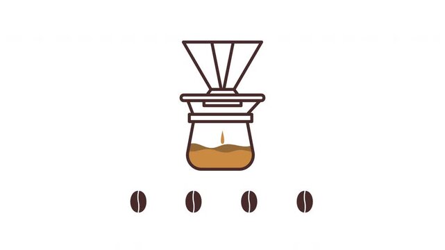 4K motion graphic of V60 pour over coffee brewing with drip filter method. Hot water poured over ground coffee into a coffee pot, combined with animated coffee bean loading motion. Smooth looping anim