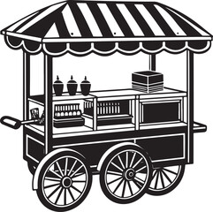 Vintage street food cart with striped awning and wooden wheels isolated black vector art