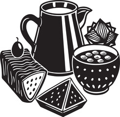 Breakfast set with coffee pitcher bowl of cereal and piece of cake black vector graphic