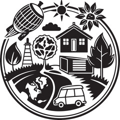 Round ecosystem illustration with house trees car and earth globe symbol in black vector