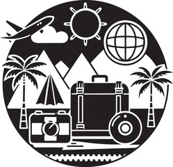 Travel and vacation circular emblem with airplane and suitcase