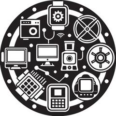 Technology gadgets and electronics arranged in circle