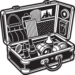 Open vintage suitcase full of cosmetics and travel items