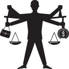 Silhouette vector of person balancing business finance and social life with scales