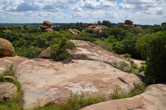 Naturally occurring balancing rocks and granite landscape in Zimbabwe