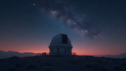Fototapeta premium Observatory silhouette against the starry sky. Stunning astrophotography of observatories. Captivating night sky images. Cosmic scenes with telescopes.