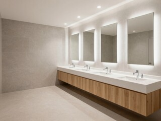 Fototapeta premium Modern Public Restroom with Stylish Mirrors and Wood Cabinets, Clean Design and Contemporary Architecture