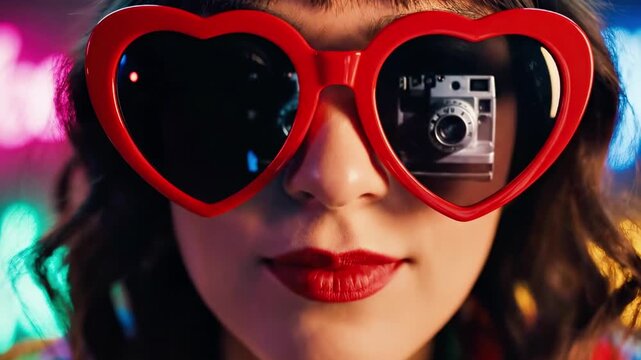 A woman taking a photo wearing red heart-shaped sunglasses and holding a vintage camera