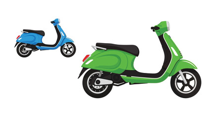 Obraz premium Two colorful scooters one blue and one green shown in profile view