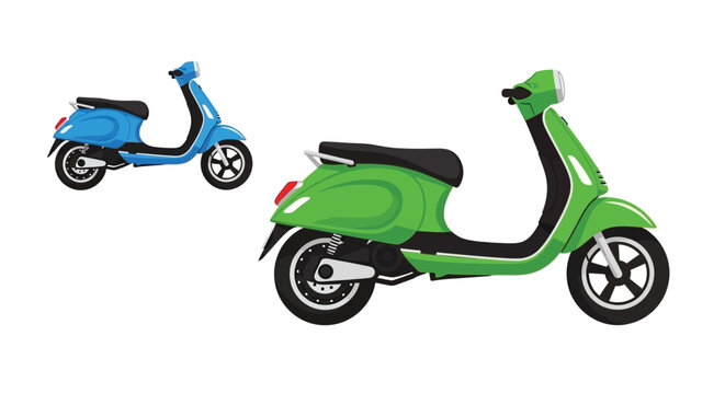 Two colorful scooters one blue and one green shown in profile view