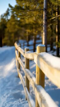Wooden split rail fence lines  snowy path bordered by tall evergreen trees bathed in sunlight