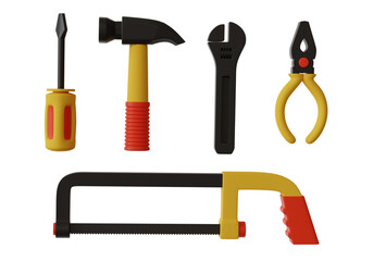 Set of hand tools including screwdriver, hammer, Wrench, pliers, and handsaw isolated on transparent background for DIY projects