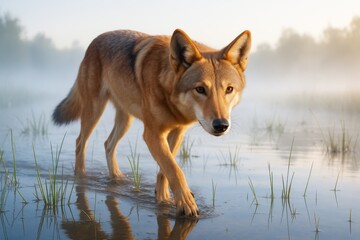 Fototapeta premium Majestic wild canine walking through shallow water at sunrise with misty forest background and soft golden light highlighting natural beauty. Ai generative