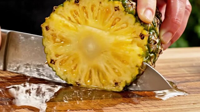 A person cutting a fresh pineapple on a wooden cutting board with a large knife