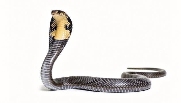 Striking King Cobra with Hood Spread on White Background