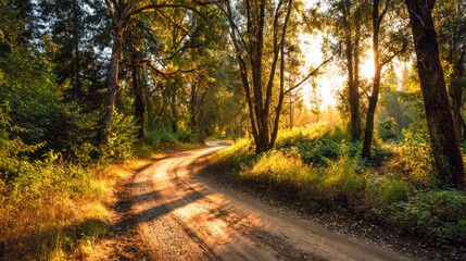 Obraz premium Serene winding dirt road through sunlit forest with lush green foliage and tall trees casting long shadows at golden hour in nature reserve or park