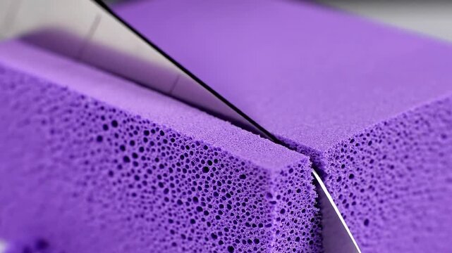 A metal ruler cutting through a vibrant purple sponge with a porous texture