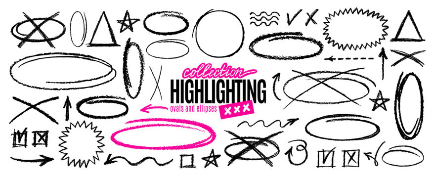 Pencil circle, arrow, check box, x mark, oval, line. Crayon, chalk, pen, brush or marker hand drawn highlight and stroke. Color underline doodle set. Emphasis with pencil texture. Oval circle frame bg