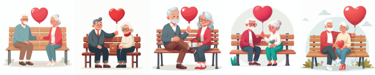 Fototapeta premium vector of a old couple sitting on a park bench giving valentine love balloons
