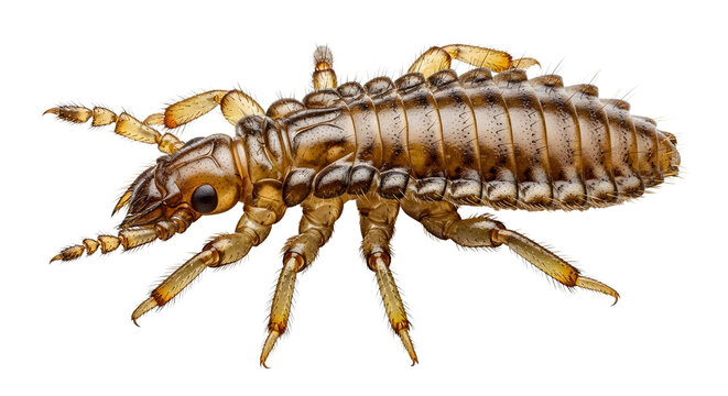 Brown louse insect, parasitic pest with segmented body and six legs, macro studio shot isolated on white