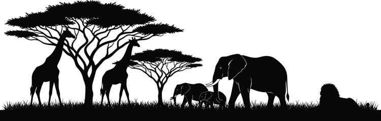 African safari wildlife silhouettes featuring giraffes, elephants, and acacia trees, scenic savanna landscape illustration for nature, travel, conservation, and animal concepts © meri999