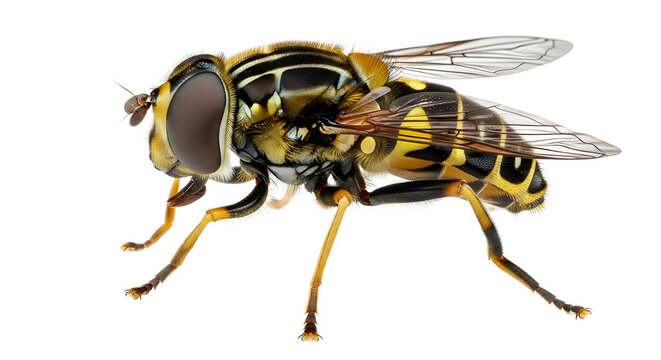 Hoverfly with yellow and black striped body, large compound eyes, and transparent wings, isolated on white